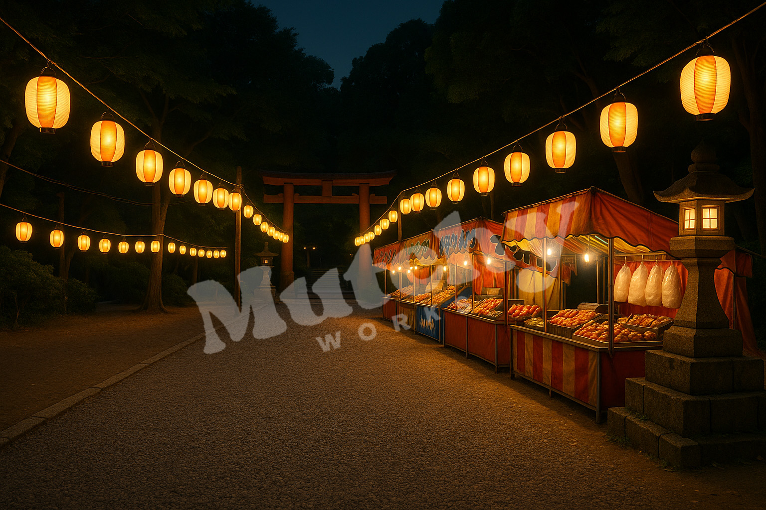 提灯が灯る参道に並ぶ屋台と鳥居が描かれた縁日の夜景イラスト