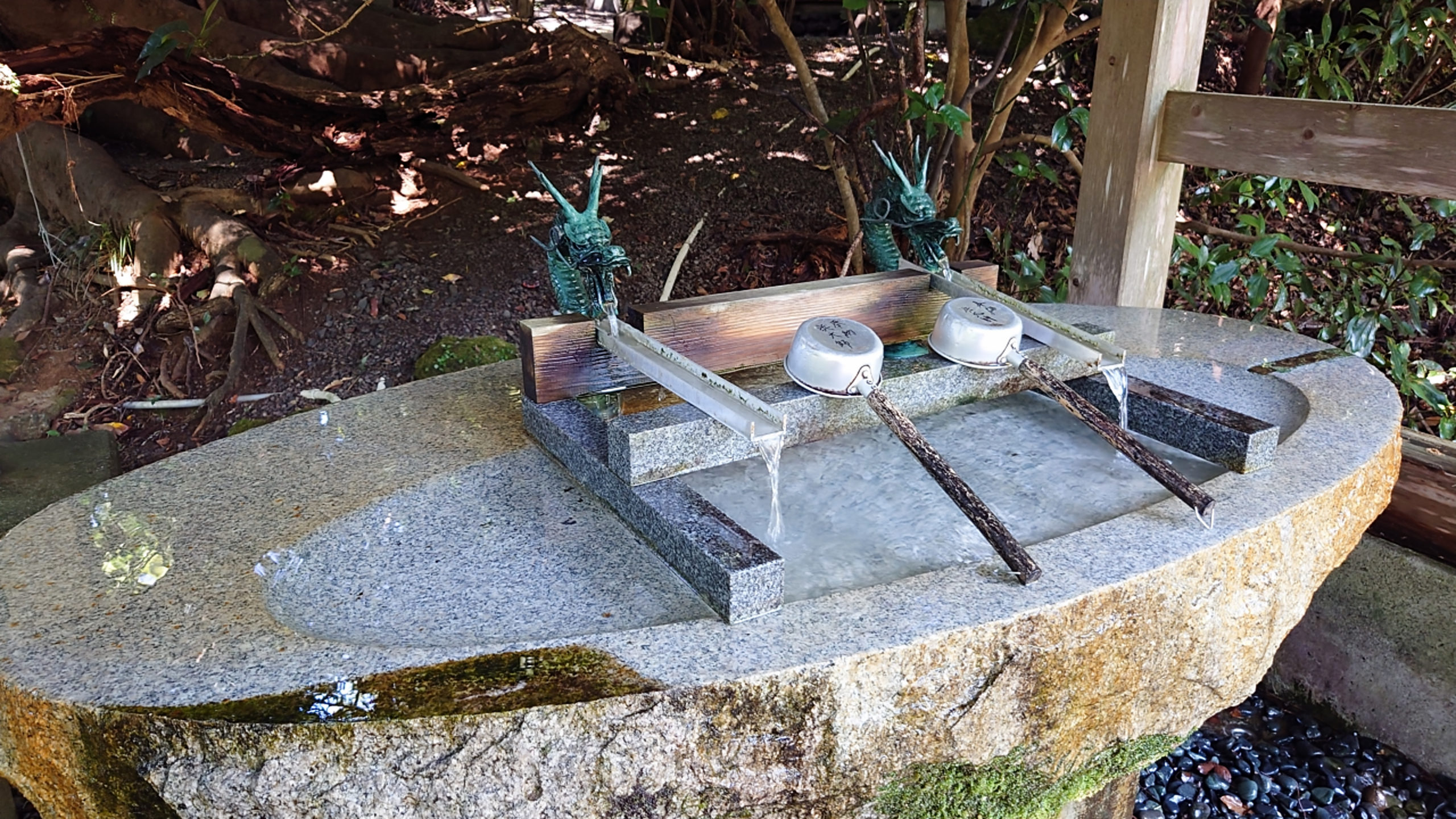 龍の吐水口が設けられた石造りの手水舎。澄んだ水が注がれている様子