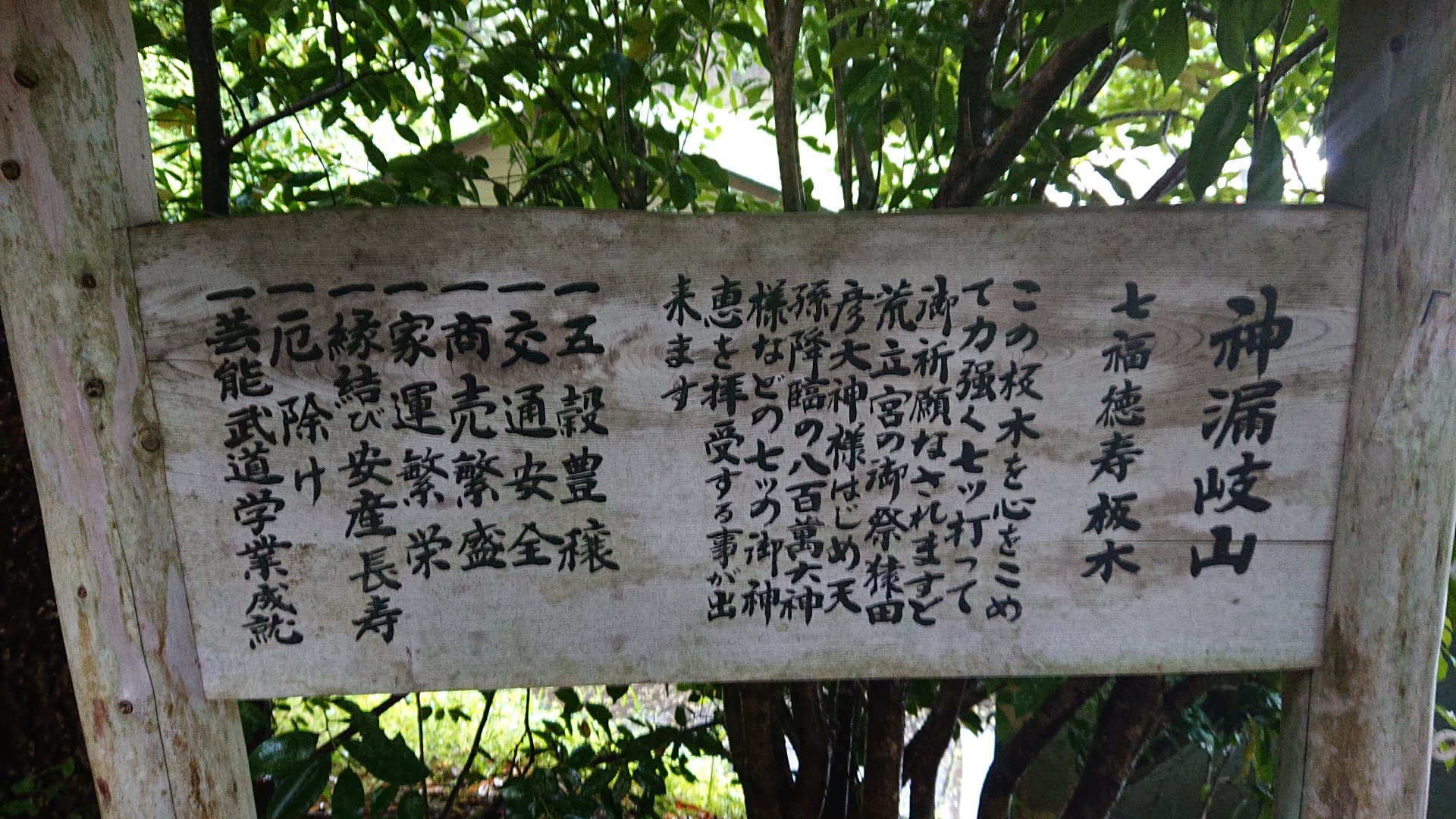 荒立神社境内の七福徳寿板木の由来と祈願内容を示す説明板