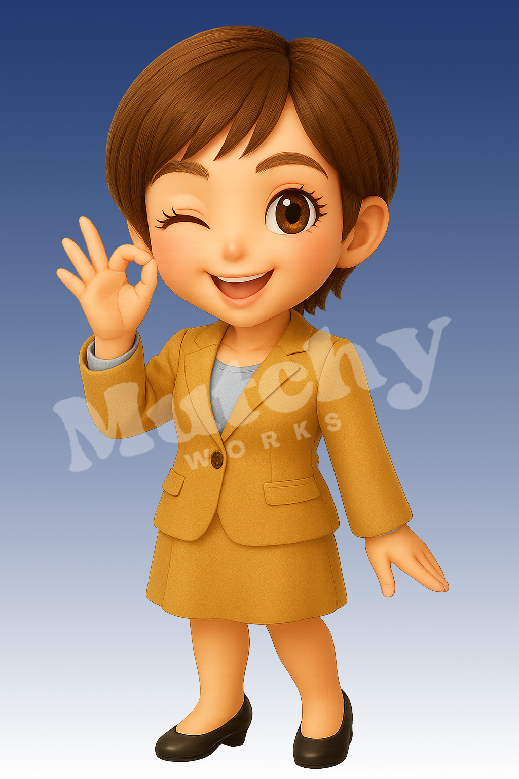 AYAのポーズ2
スーツ姿でウィンクとOKサインをする女性のポーズ