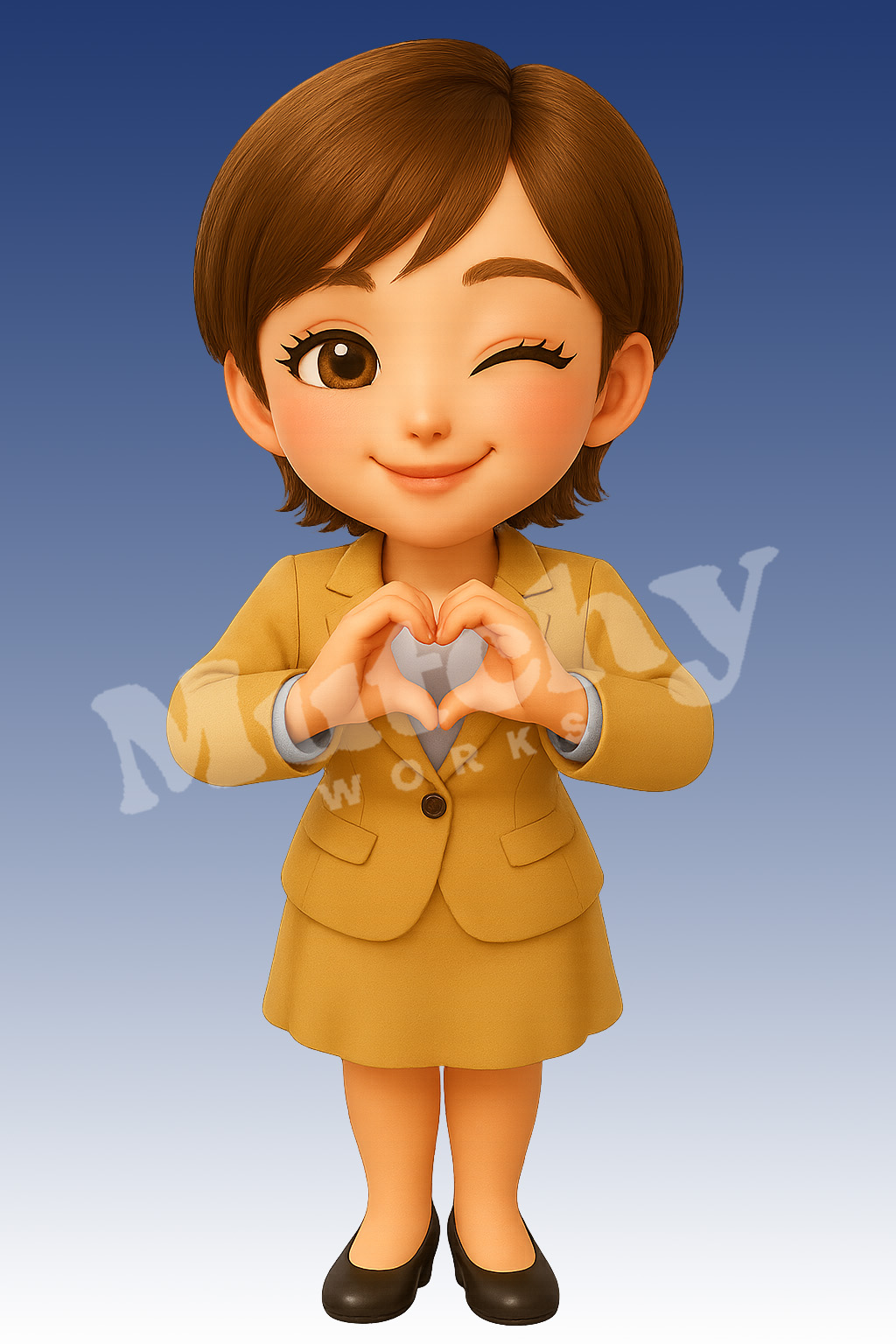 AYAのポーズ3
スーツ姿、手でハートの形を作る女性のポーズ