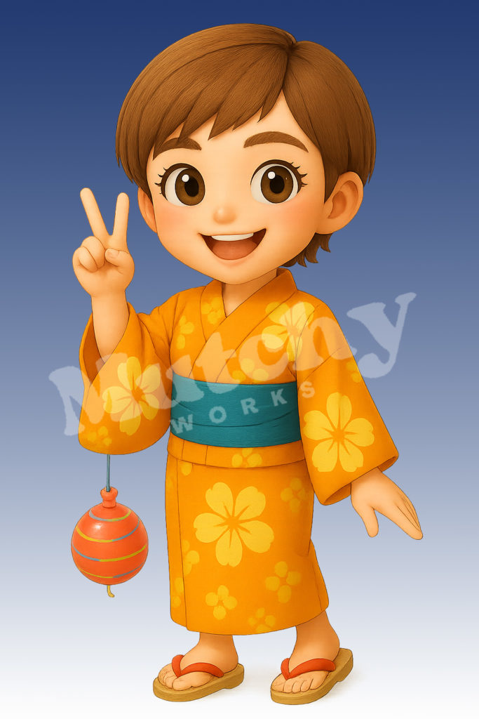 ちび3DシリーズのAYAが黄色の浴衣と青帯で笑顔を見せる元気な立ち姿イラスト