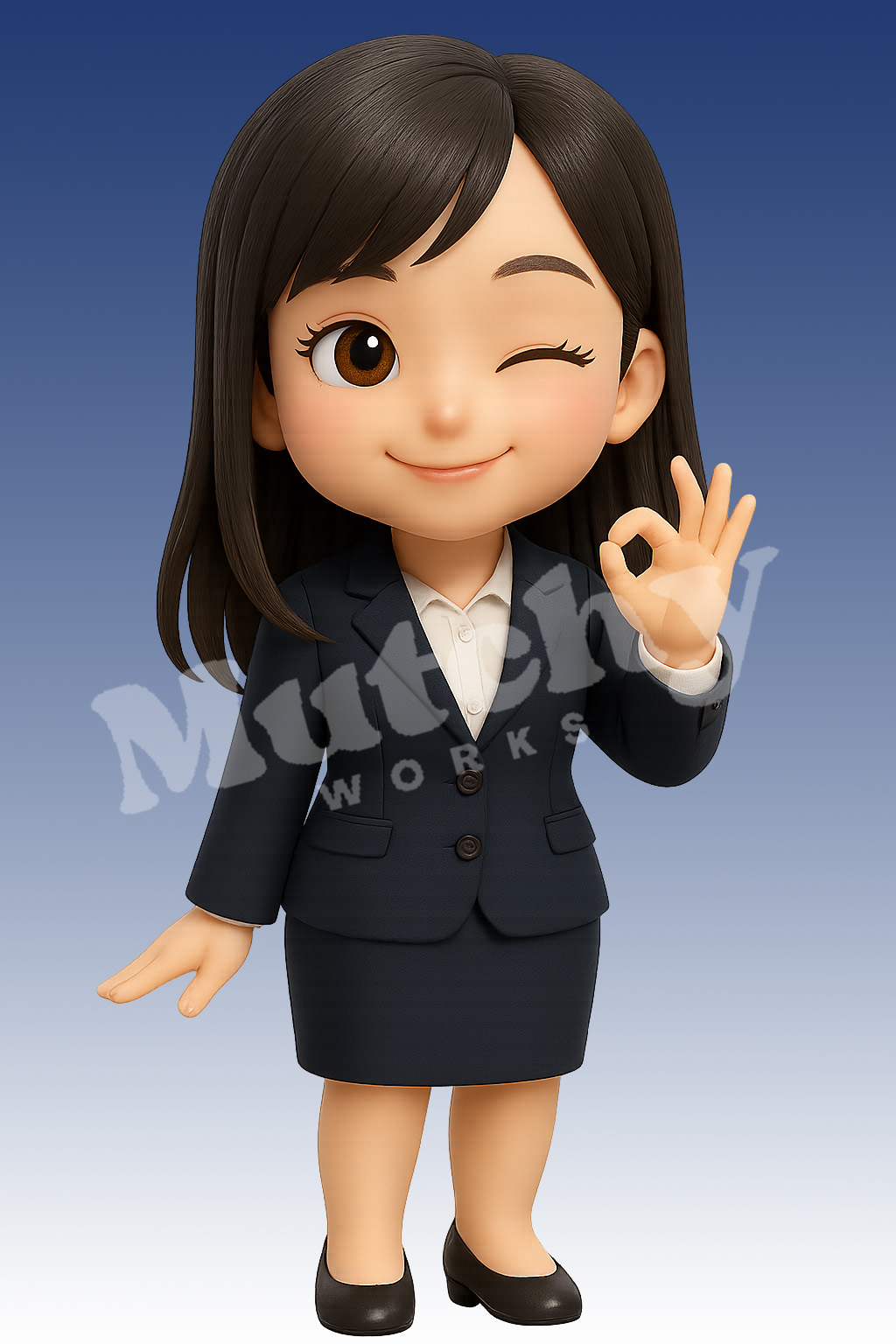 KOKOROのポーズ2
スーツ姿でウィンクとOKサインをする女性のポーズ