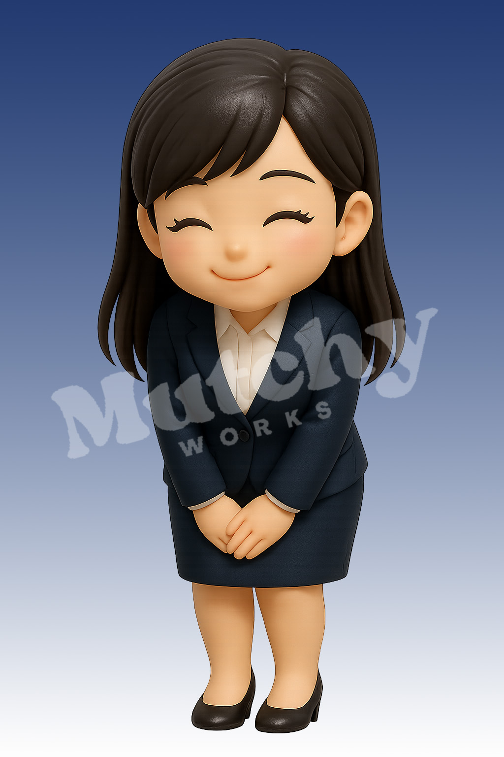 KOKOROのポーズ4
スーツ姿でにこやかにお辞儀をする女性のポーズ