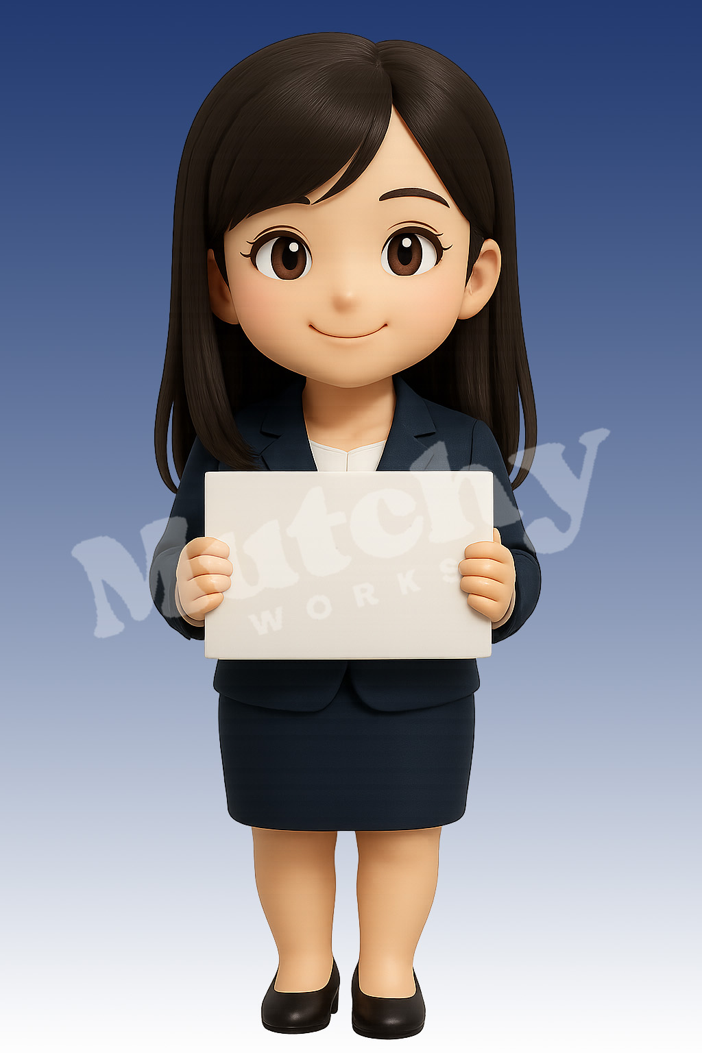 KOKOROのポーズ5
スーツ姿で白板を胸元に抱える女性のポーズ