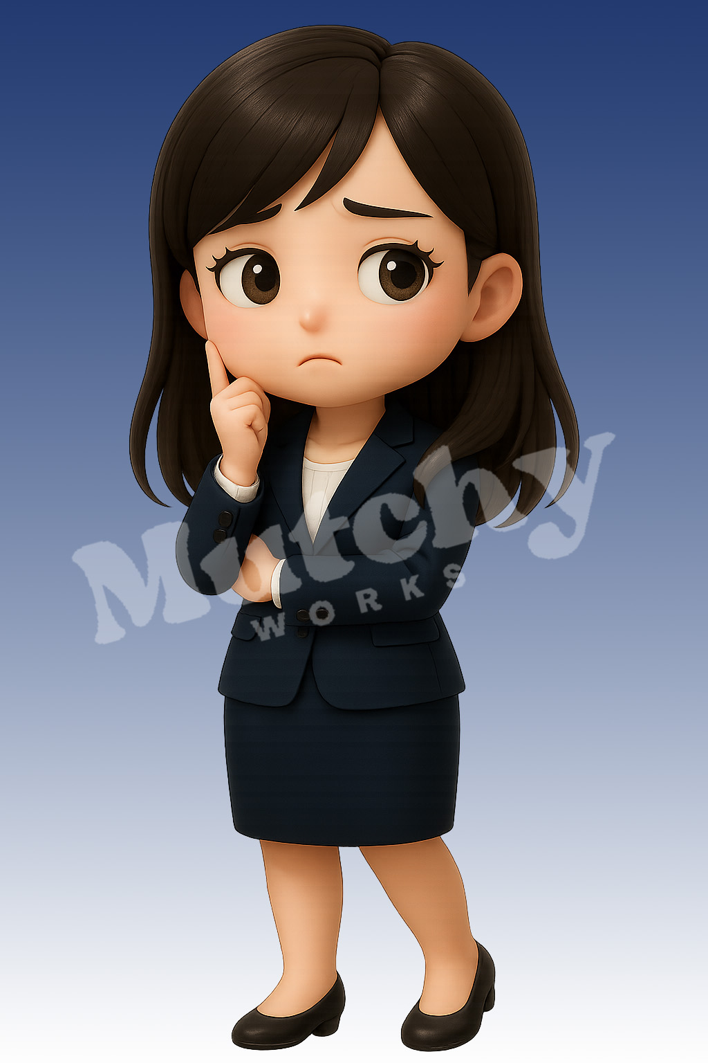 KOKOROのポーズ11
スーツ姿で頬に手を当てながら考える女性のポーズ