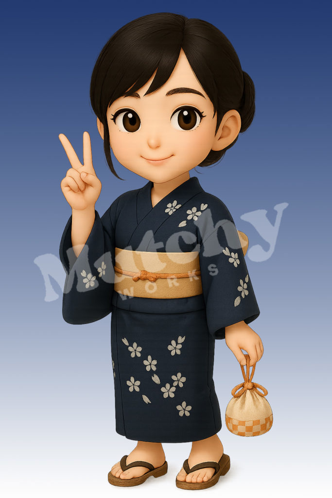 ちび3DシリーズのKOKOROが黒地に白花柄の浴衣を着た清楚な立ち姿イラスト