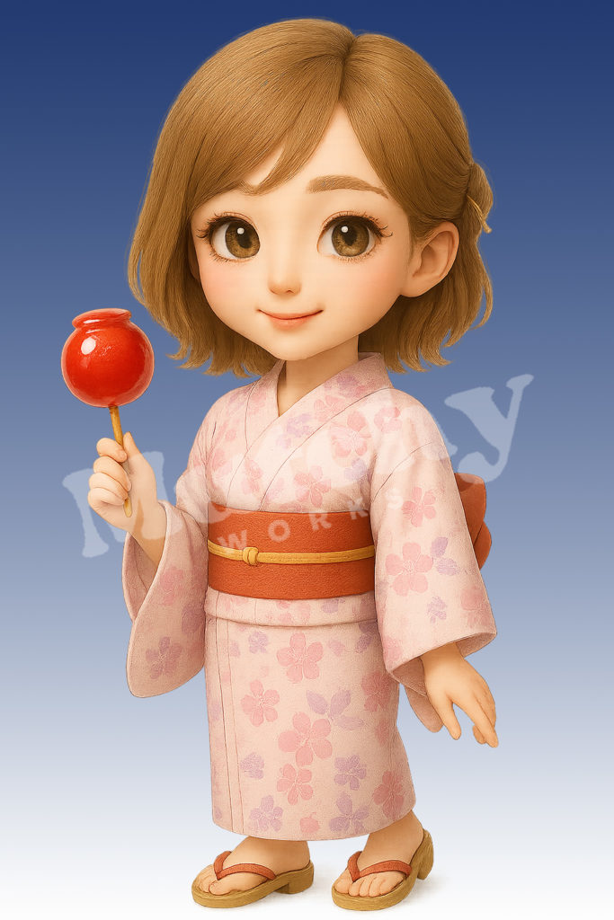 ちび3DシリーズのNANAが桃色の桜柄浴衣でリンゴ飴を持つ可愛らしい立ち姿イラスト