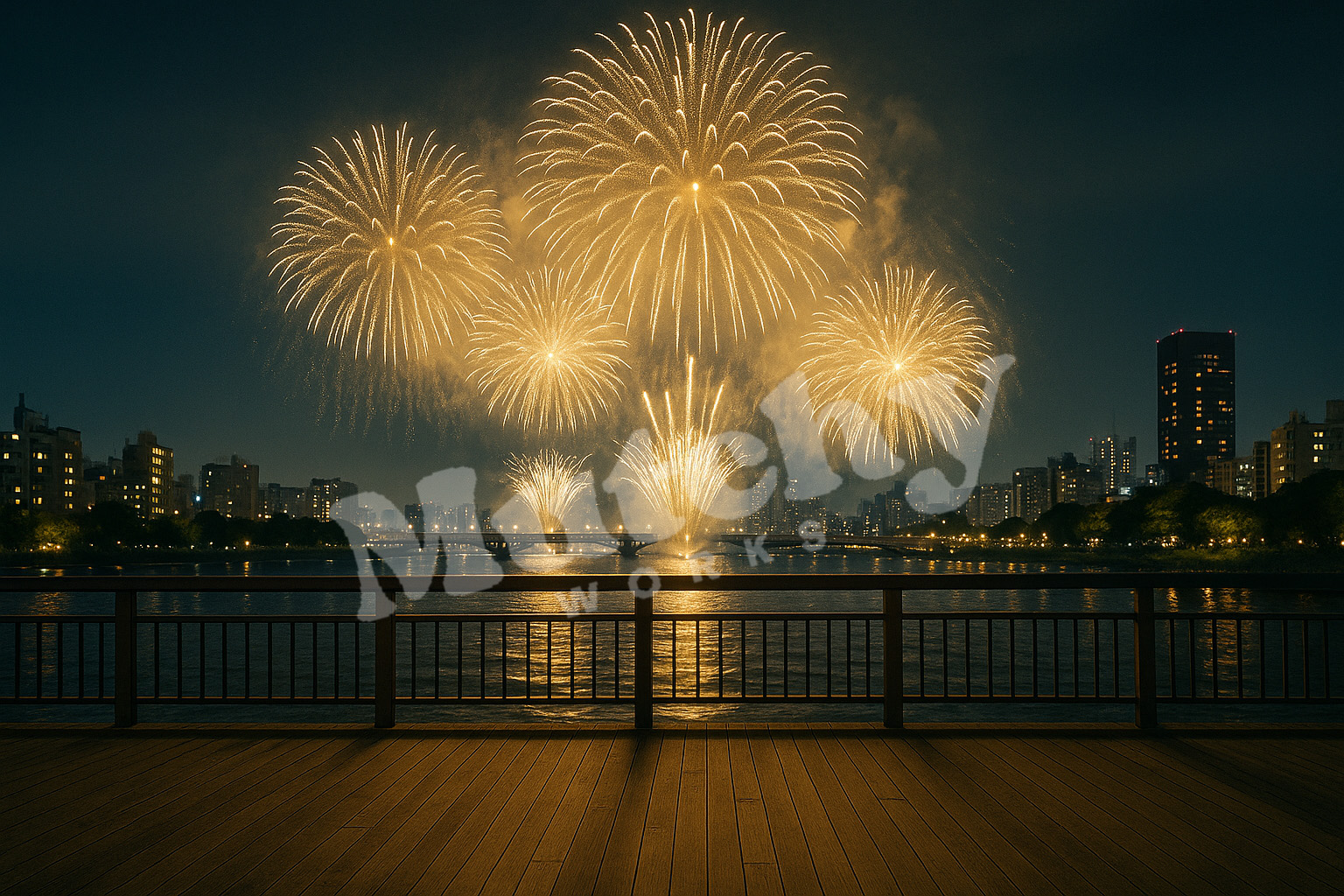 川沿いのデッキ越しに大輪の花火が夜空に咲き誇る夏の夜景イラスト