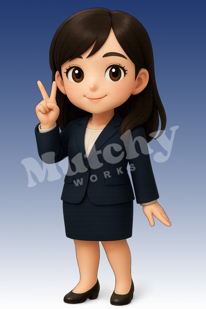 スーツ姿でピースサインをするちび3Dフィギュア風女性のKOKORO（こころ）